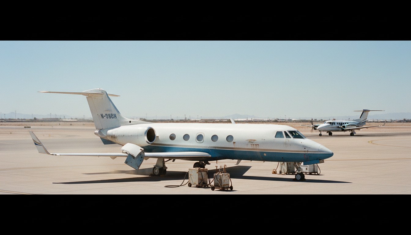 An old, somewhat weathered Gulfstream G-IV sits on an airport ramp under bright sun, appearing neglected. In the background, a new, shiny Beechcraft King Air 260 taxies by, looking
