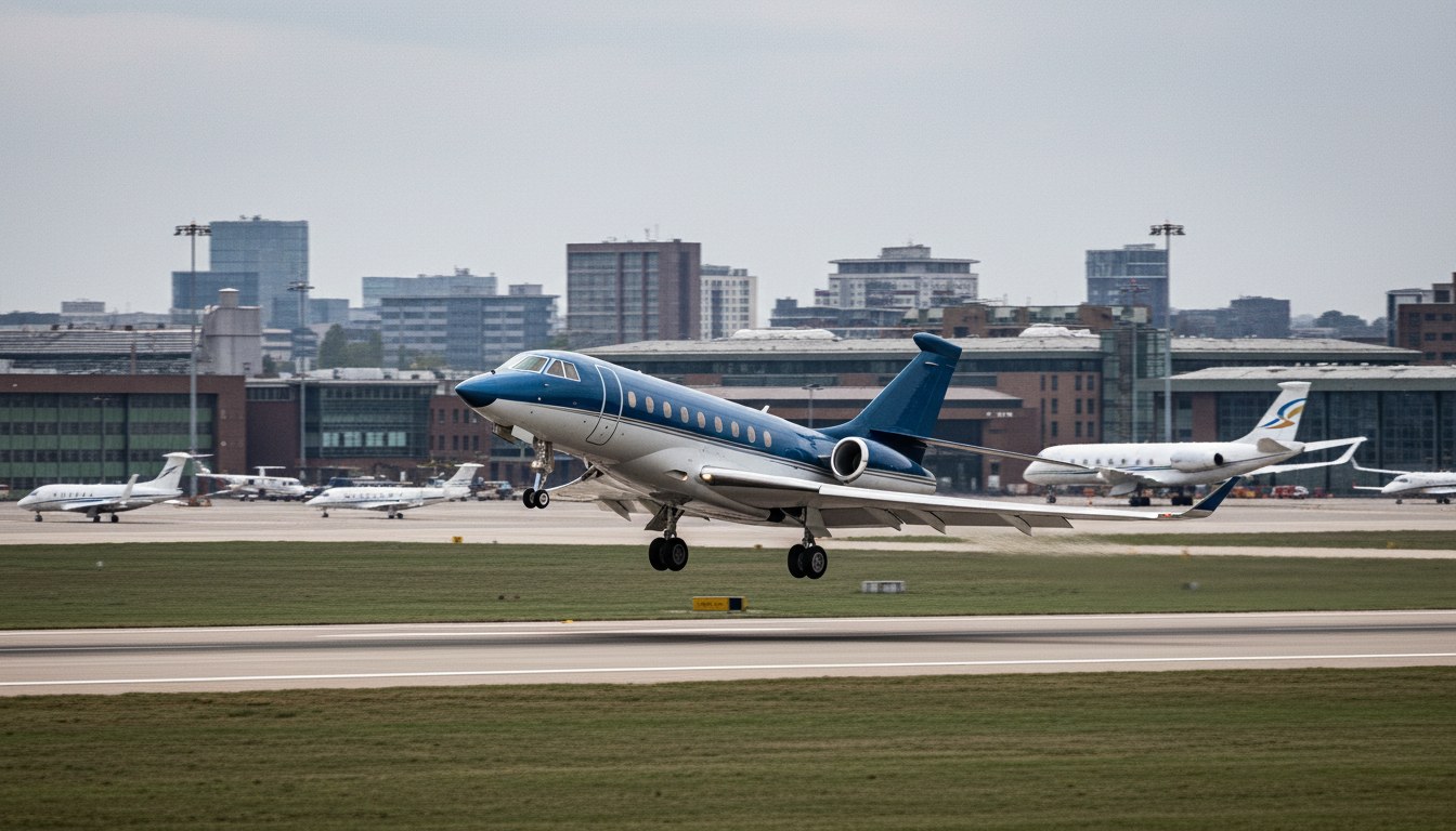 A powerful image of a Dassault Falcon business jet in active flight on a constricted runway at a busy European airport, with other, less suitable aircraft types visibly in the back